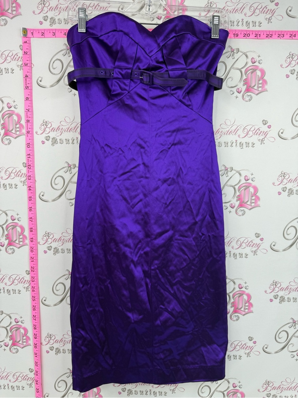 Bebe dress shiny belted y2k Strapless Purple Satin Sheath Dress with Belt